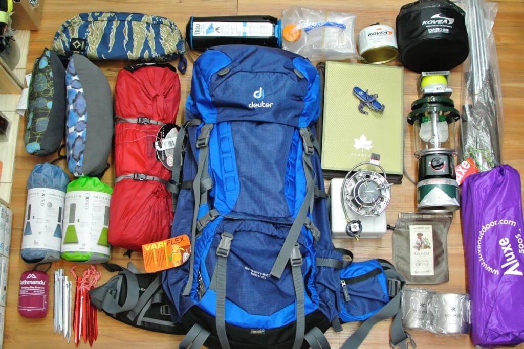 backpacks and contents laid out in an EDC-type overview