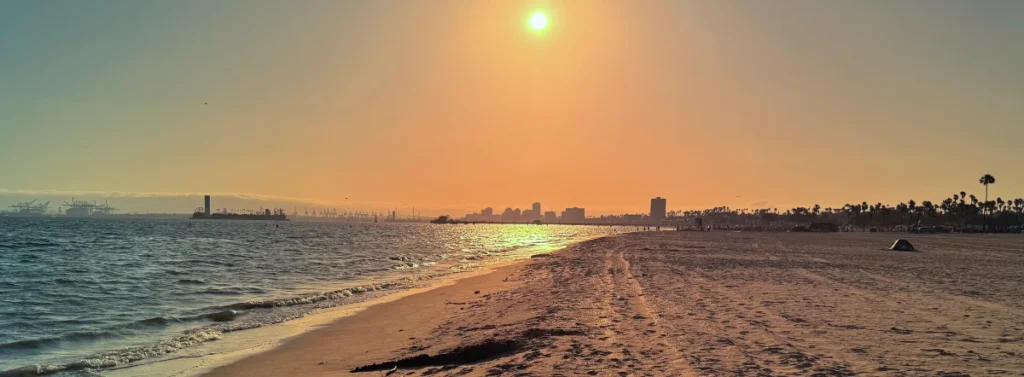 The beach at Long Beach approaching sunset.